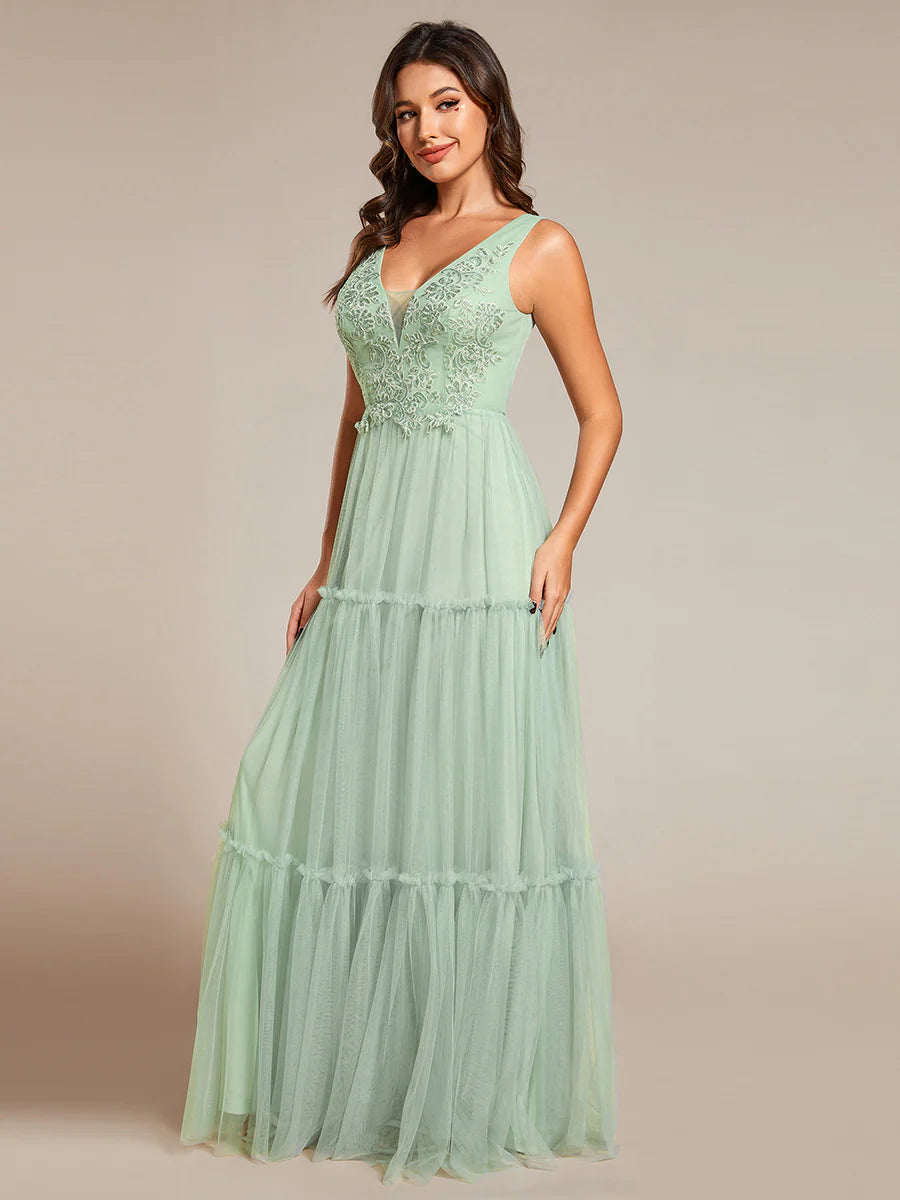 Embroidery V Neck Chiffon Evening Dress With Sleeveless - CALABRO®