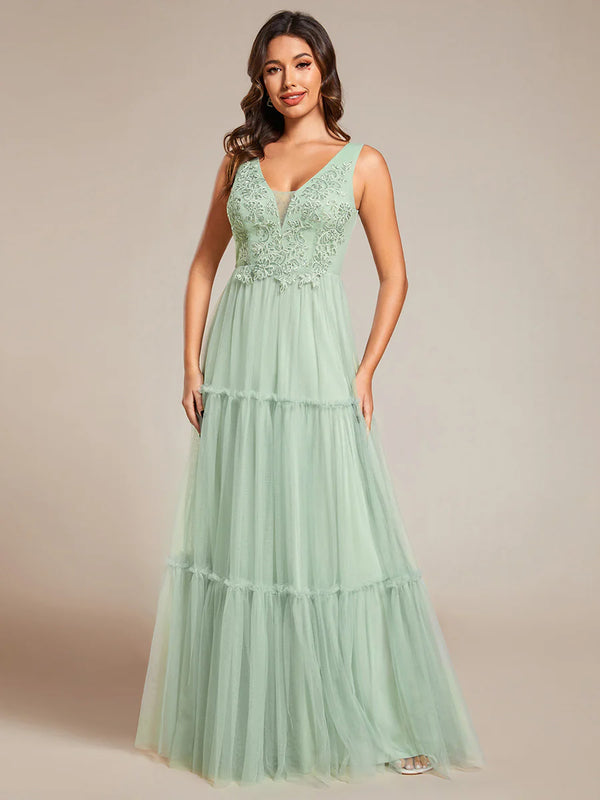 Embroidery V Neck Chiffon Evening Dress With Sleeveless