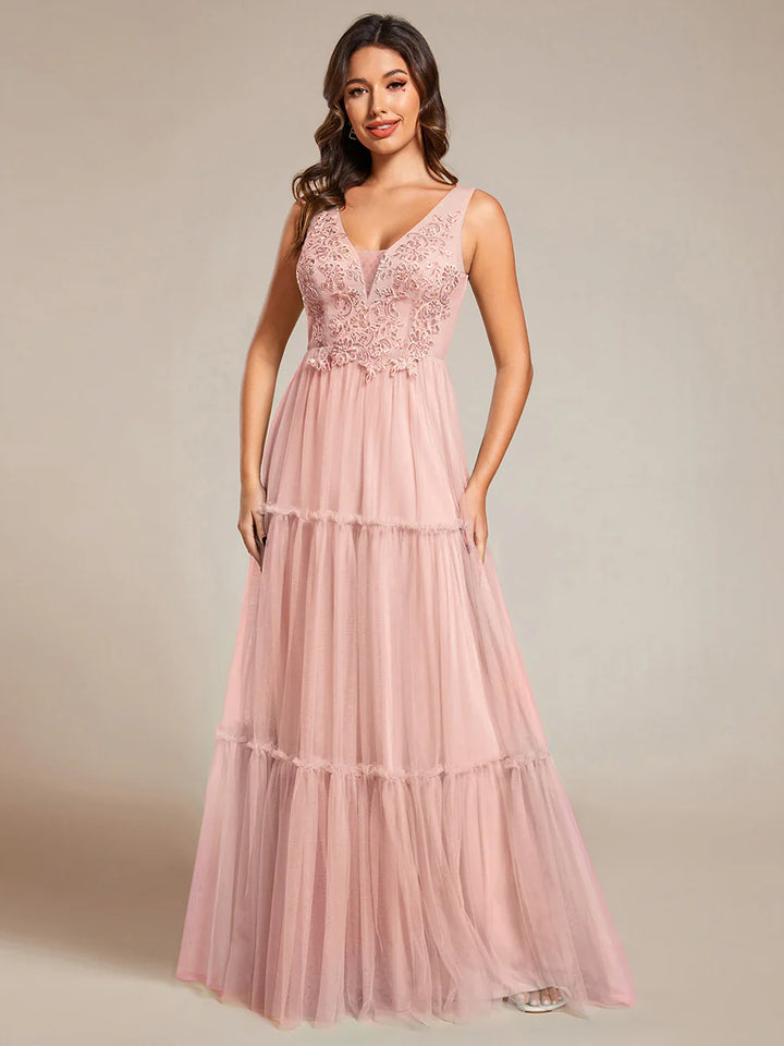 Embroidery V Neck Chiffon Evening Dress With Sleeveless - CALABRO®