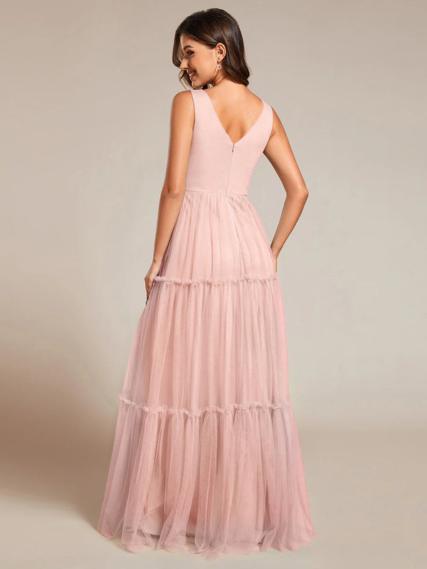 Embroidery V Neck Chiffon Evening Dress With Sleeveless