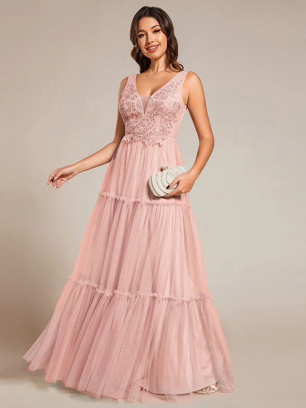 Embroidery V Neck Chiffon Evening Dress With Sleeveless