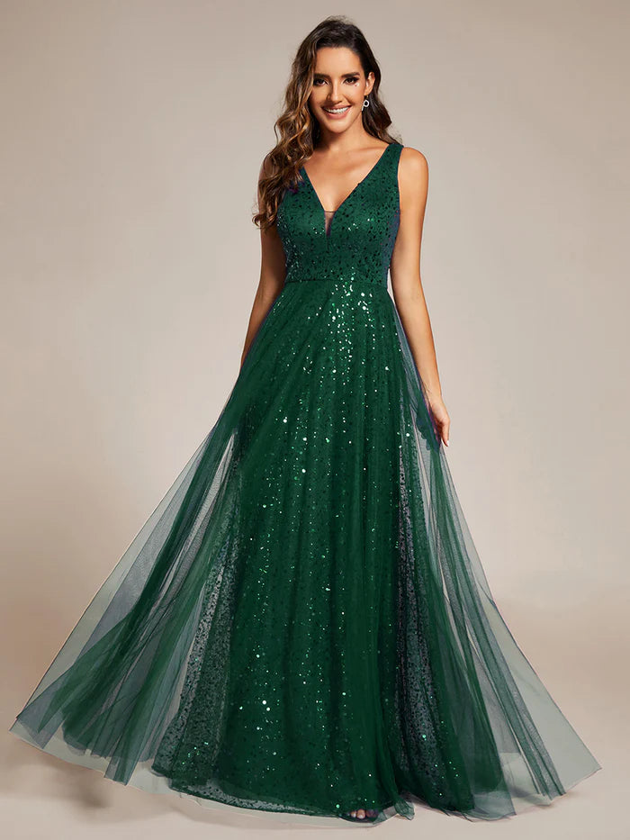 Elegant V-Neck Backless Sequin Evening Dress with Sleeveless - CALABRO®