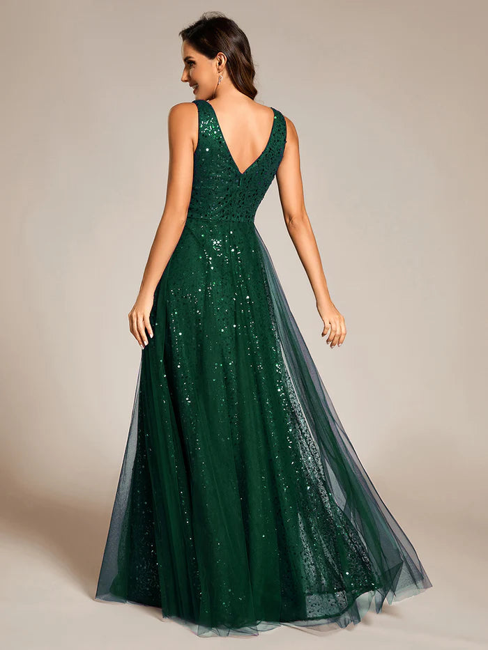 Elegant V-Neck Backless Sequin Evening Dress with Sleeveless - CALABRO®