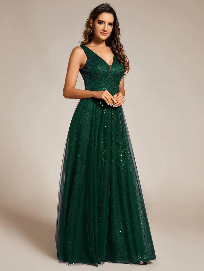 Elegant V-Neck Backless Sequin Evening Dress with Sleeveless - CALABRO®