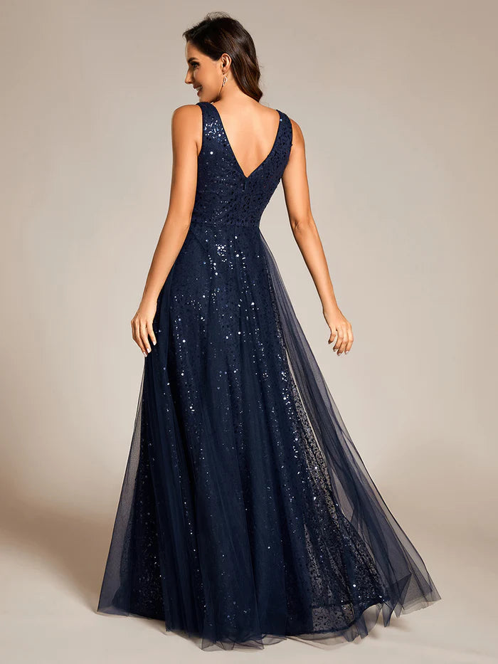 Elegant V-Neck Backless Sequin Evening Dress with Sleeveless - CALABRO®