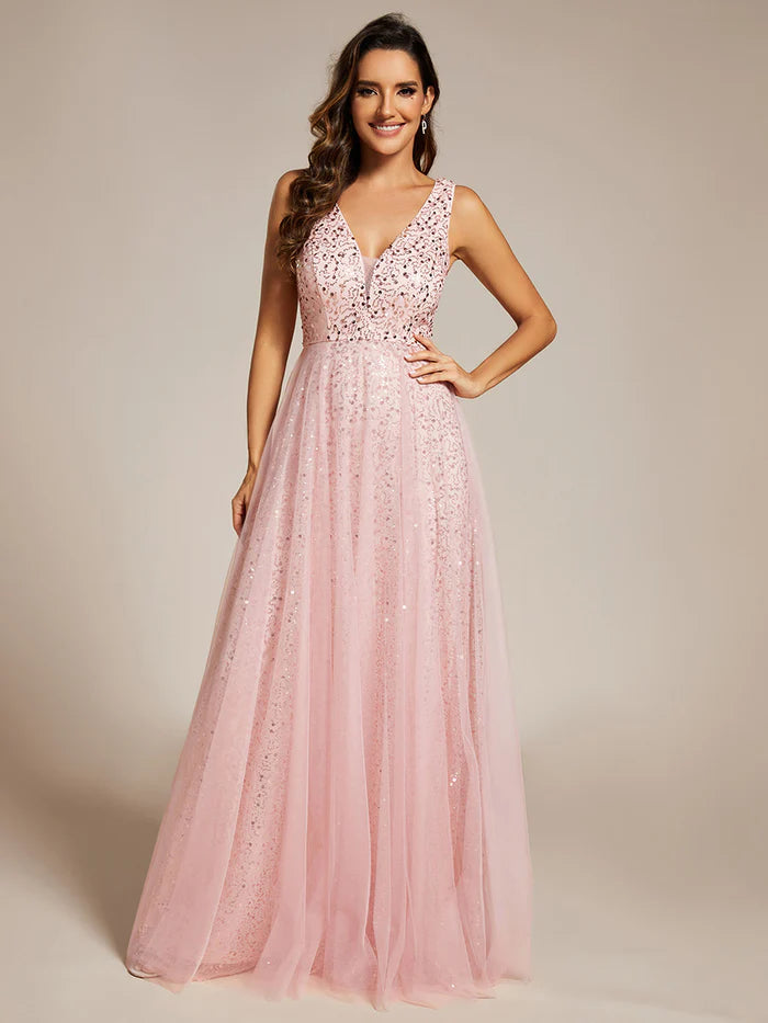 Elegant V-Neck Backless Sequin Evening Dress with Sleeveless - CALABRO®