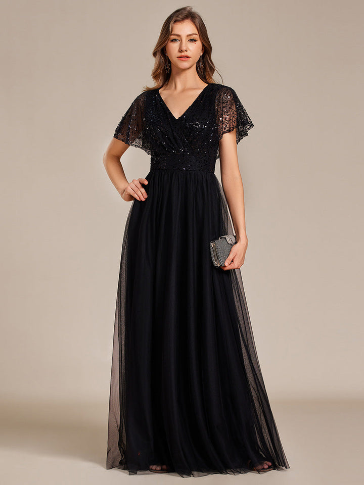 Elegant V Neck Ruffles Sleeve A-Line Empire Waist Tulle Evening Dress - CALABRO®