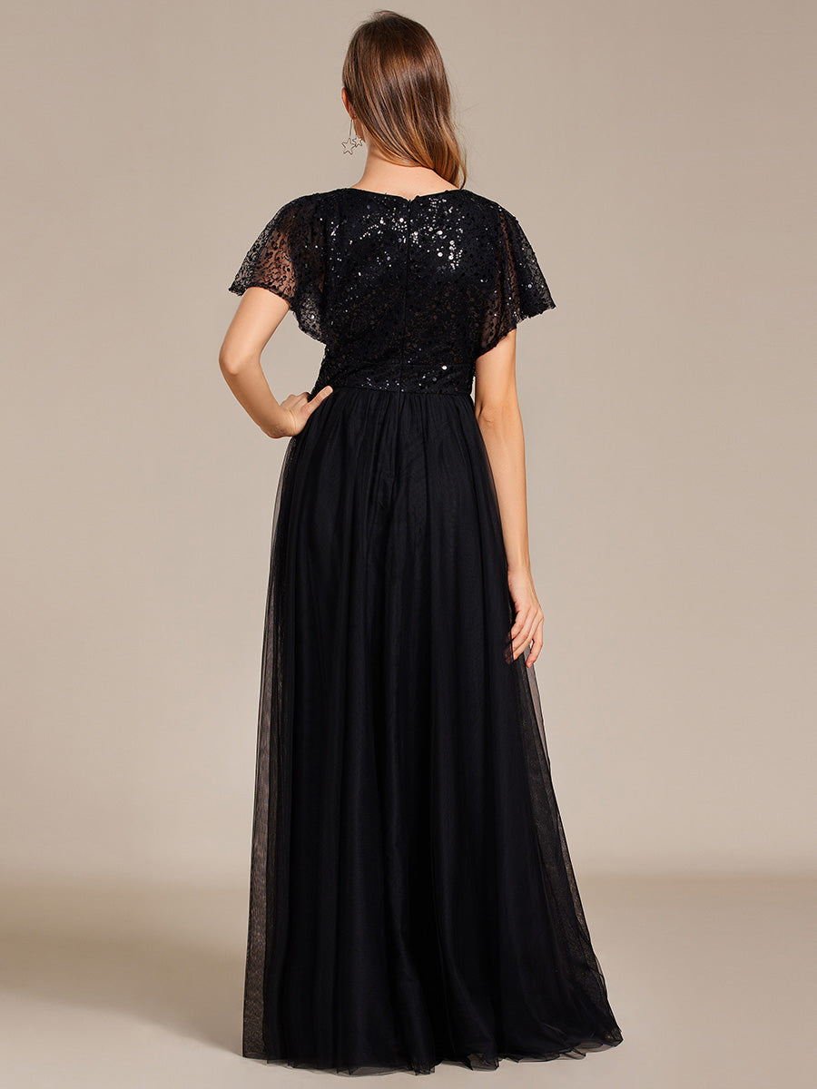 Elegant V Neck Ruffles Sleeve A-Line Empire Waist Tulle Evening Dress - CALABRO®