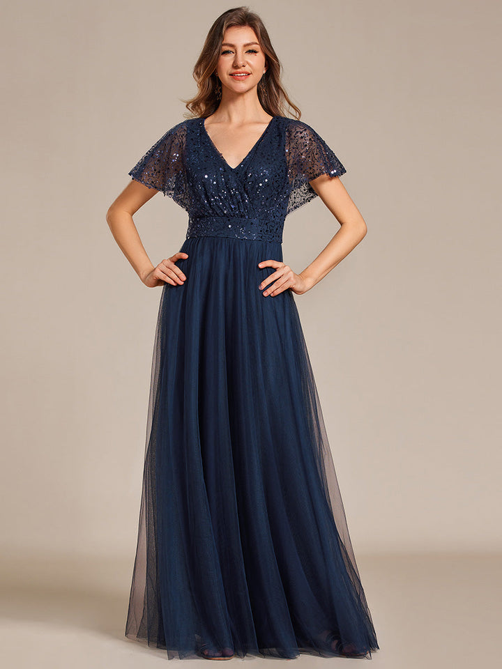 Elegant V Neck Ruffles Sleeve A-Line Empire Waist Tulle Evening Dress - CALABRO®