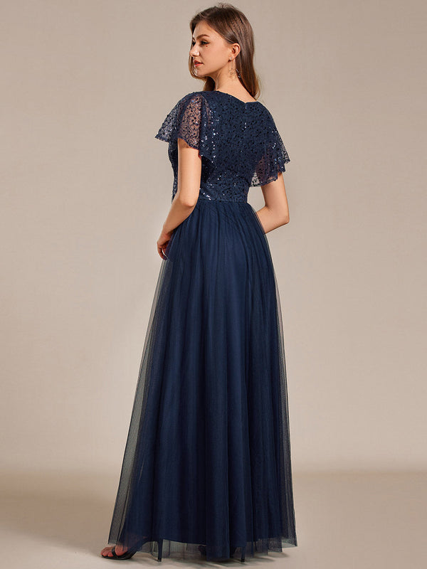 Elegant V Neck Ruffles Sleeve A-Line Empire Waist Tulle Dresses with Paillette