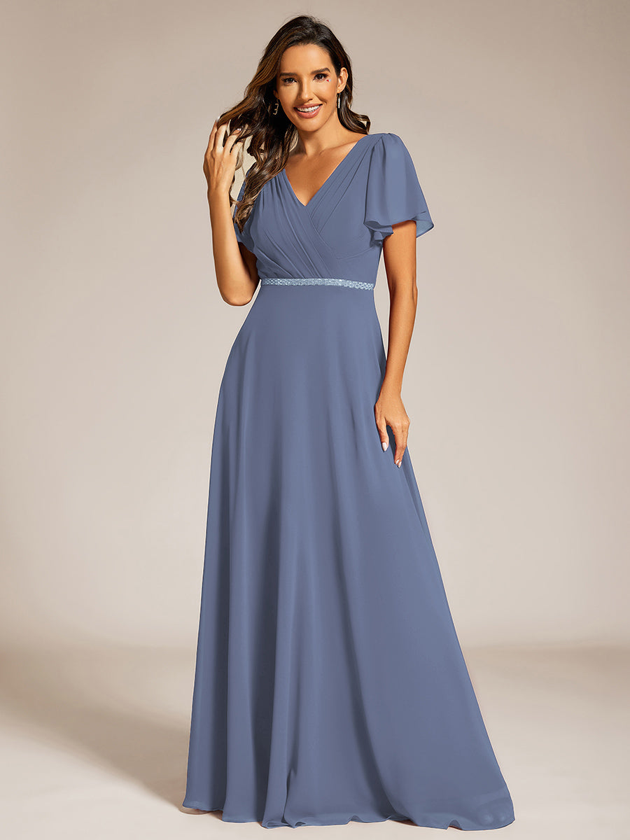 Elegant Midi Length Ruffles Sleeves Chiffon Dresses Empire Waist Evening Dresses with Belt - CALABRO®