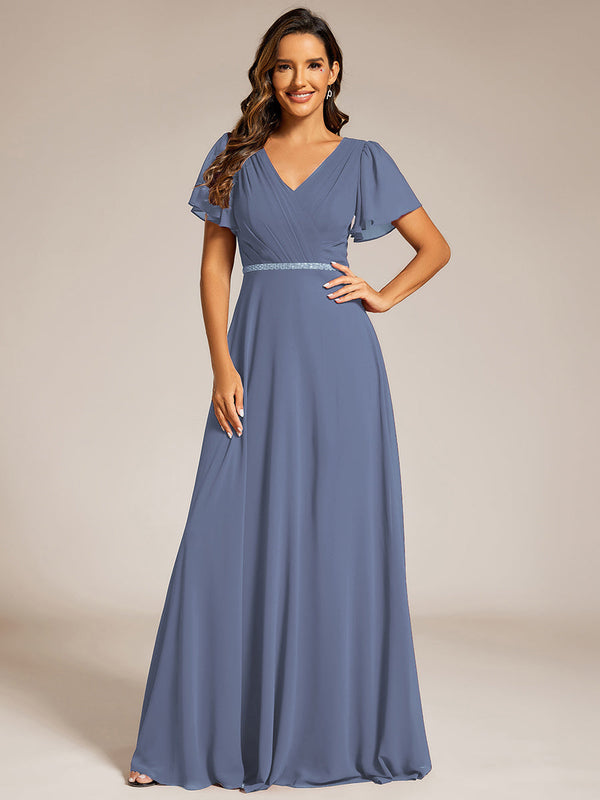 Elegant Midi Length Ruffles Sleeves Chiffon Dresses Empire Waist Evening Dresses with Belt