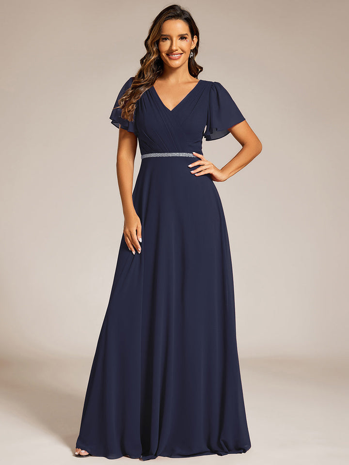 Elegant Midi Length Ruffles Sleeves Chiffon Dresses Empire Waist Evening Dresses with Belt - CALABRO®