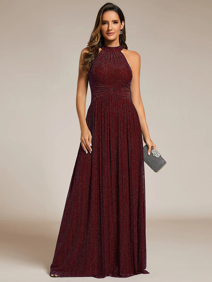 Glittery Halter Neck Pleated Formal Evening Dress