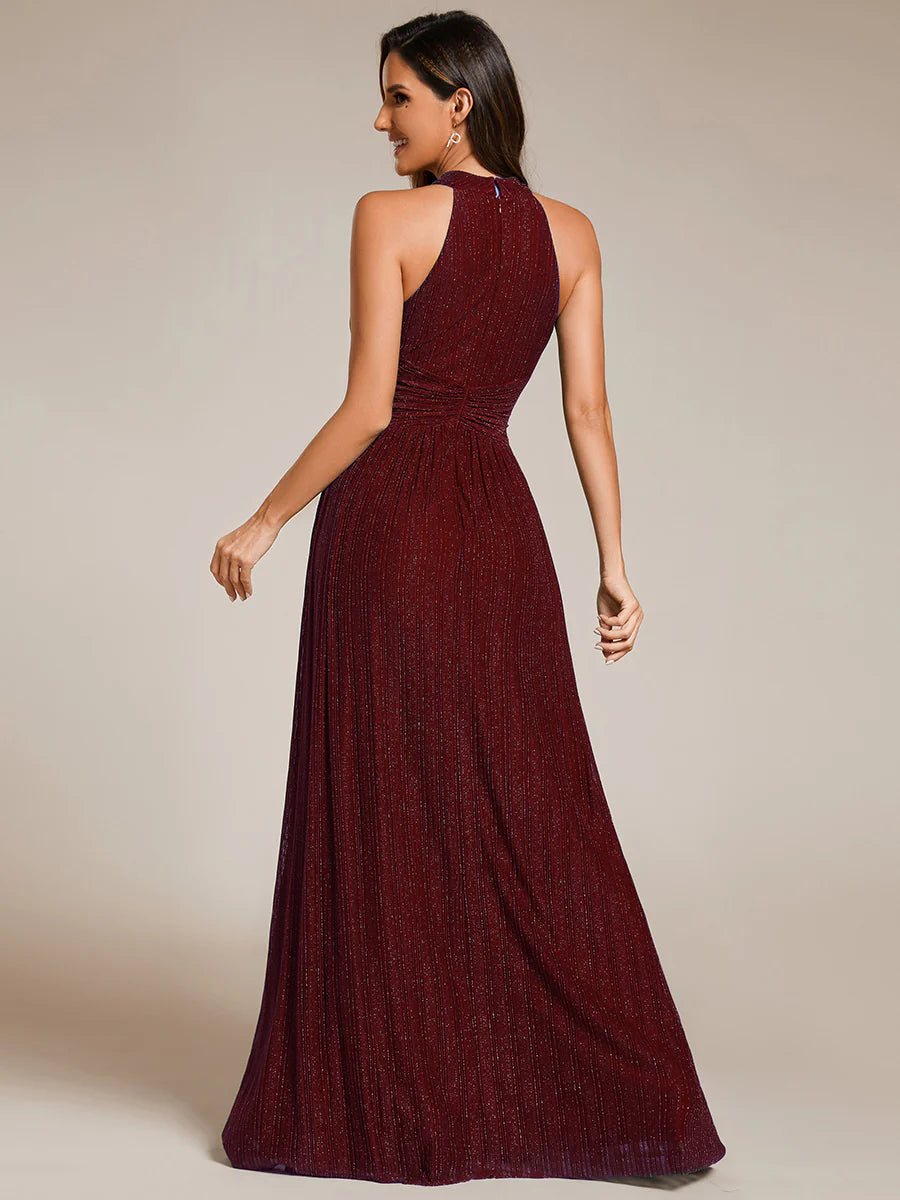 Glittery Halter Neck Pleated Formal Evening Dress