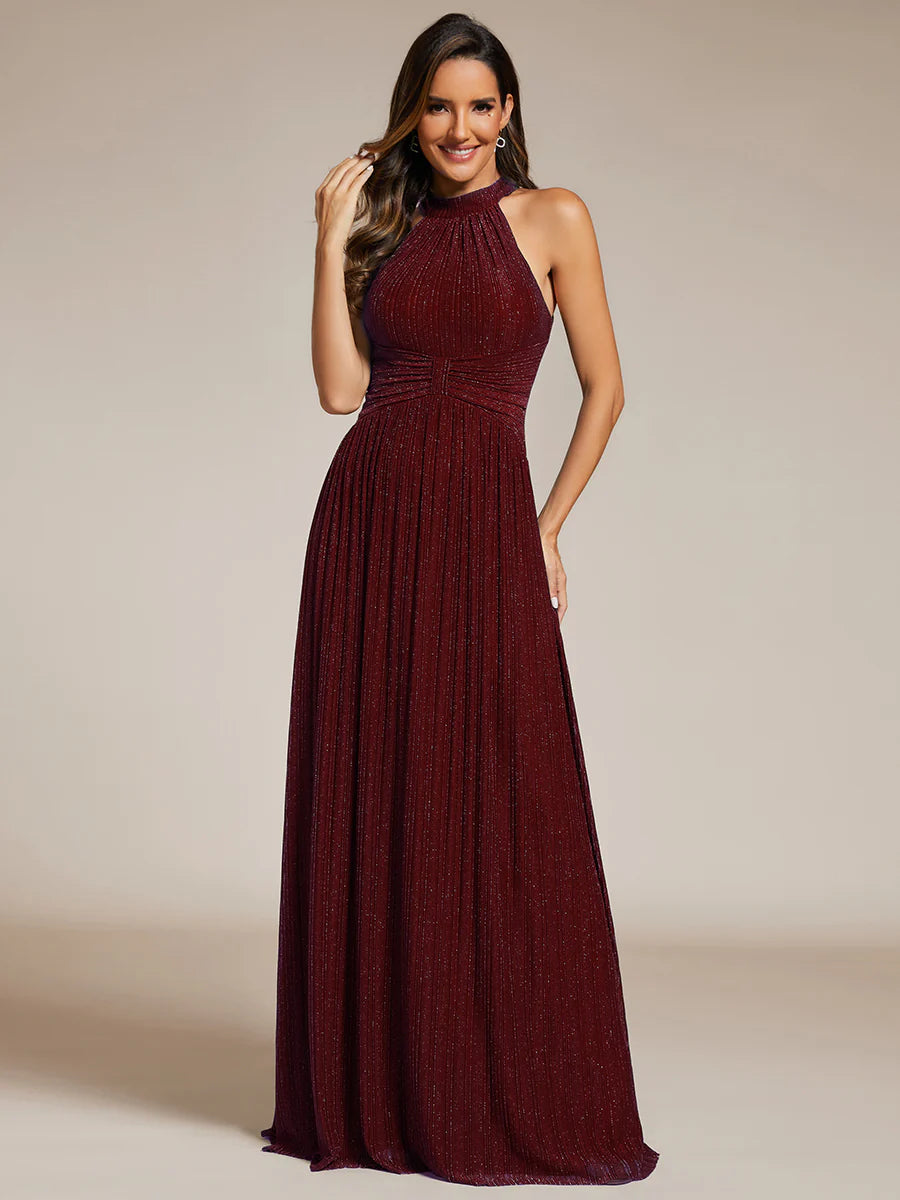 Glittery Halter Neck Pleated Formal Evening Dress
