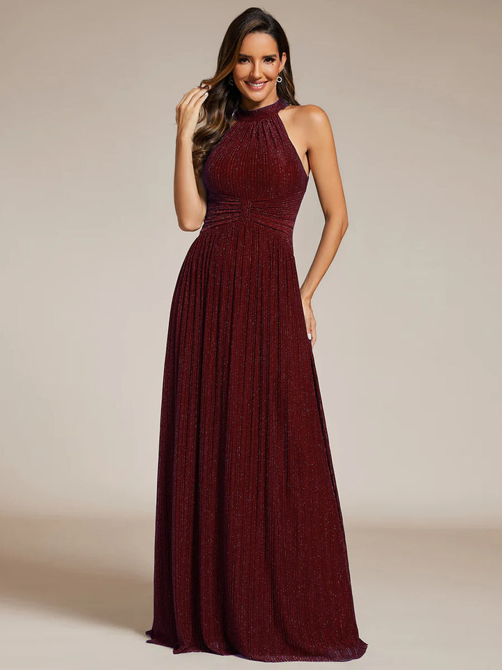Glittery Halter Neck Pleated Formal Evening Dress