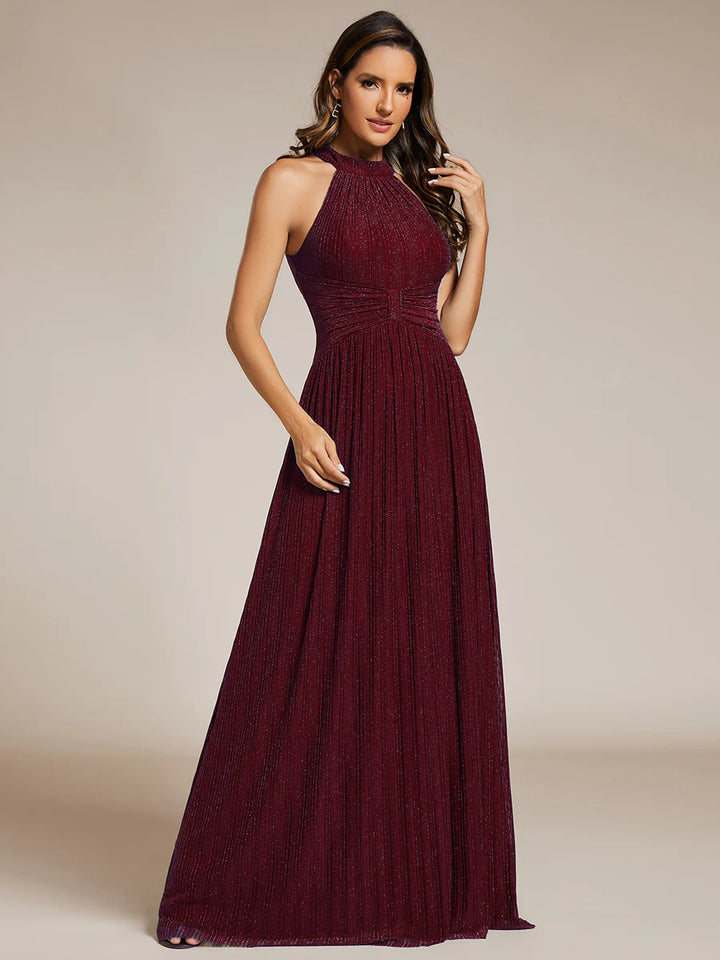 Glittery Halter Neck Pleated Formal Evening Dress