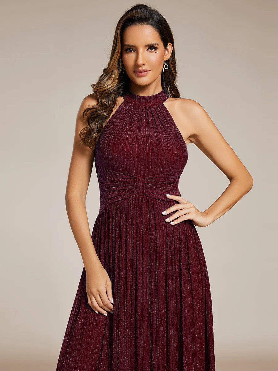 Glittery Halter Neck Pleated Formal Evening Dress