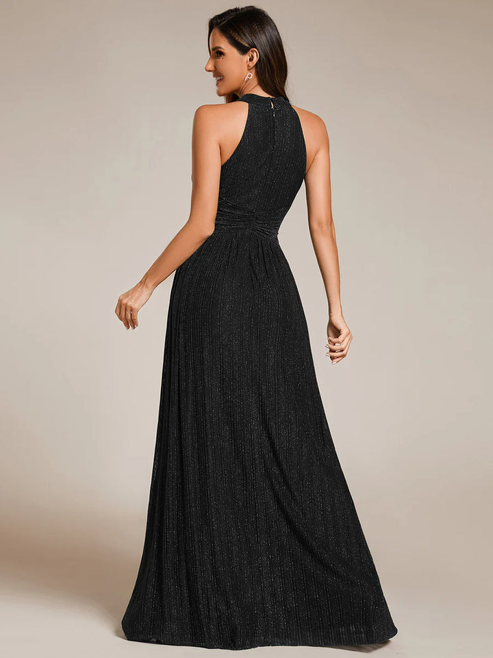 Glittery Halter Neck Pleated Formal Evening Dress