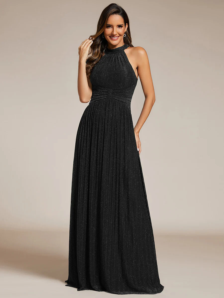 Glittery Halter Neck Pleated Formal Evening Dress