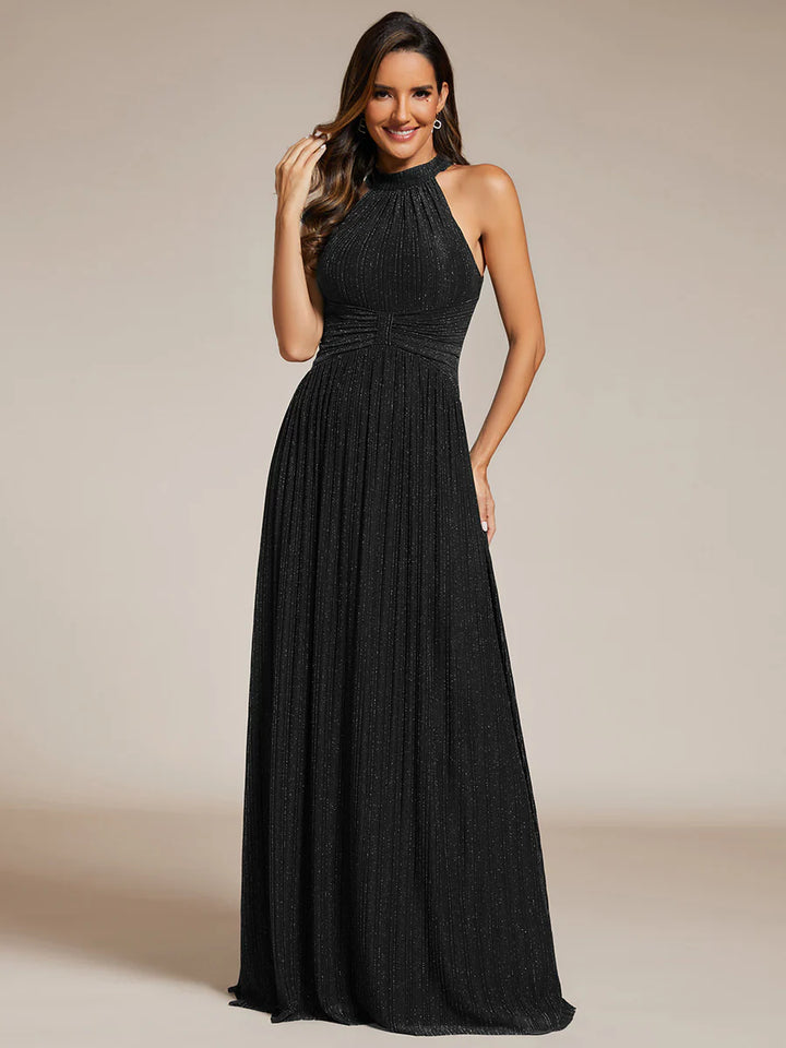 Glittery Halter Neck Pleated Formal Evening Dress