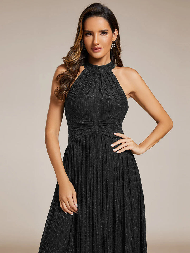 Glittery Halter Neck Pleated Formal Evening Dress