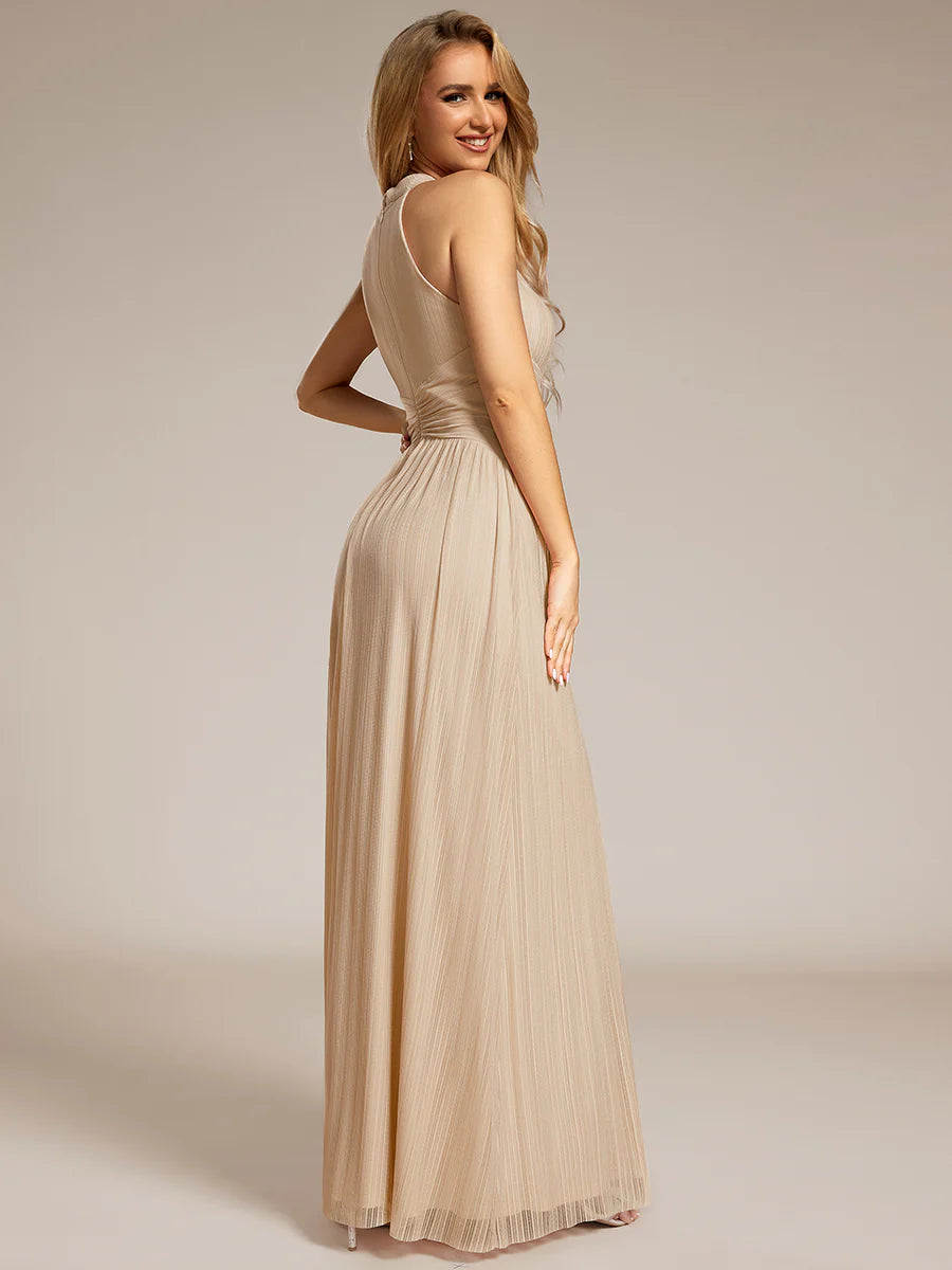Glittery Halter Neck Pleated Formal Evening Dress