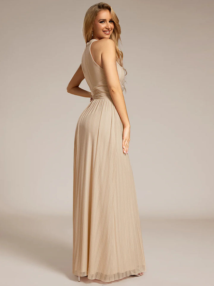 Glittery Halter Neck Pleated Formal Evening Dress