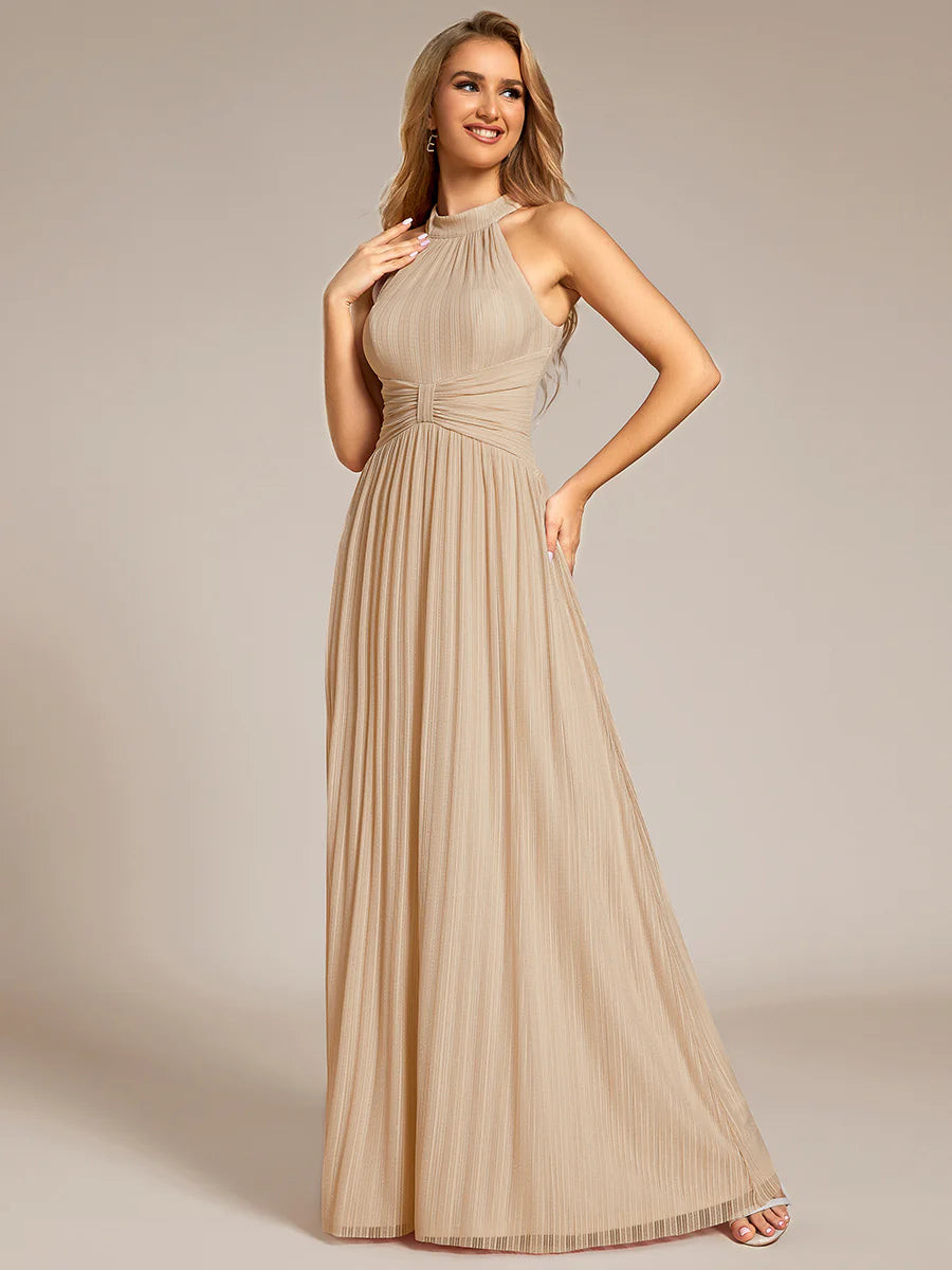 Glittery Halter Neck Pleated Formal Evening Dress