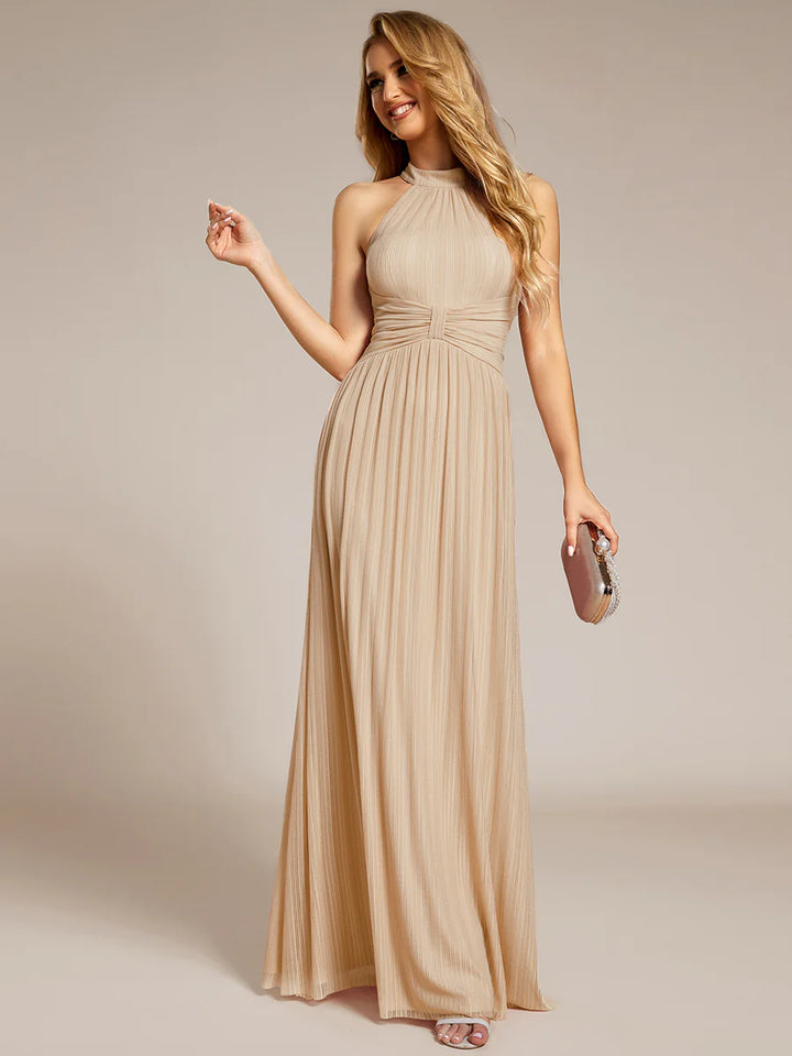 Glittery Halter Neck Pleated Formal Evening Dress