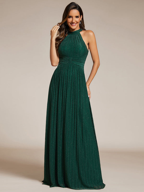 Glittery Halter Neck Pleated Formal  Evening Dress