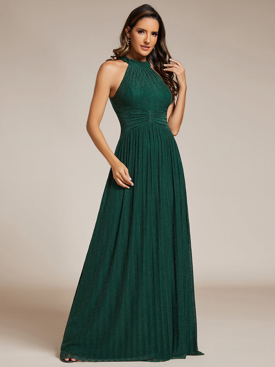 Glittery Halter Neck Pleated Formal  Evening Dress - CALABRO®