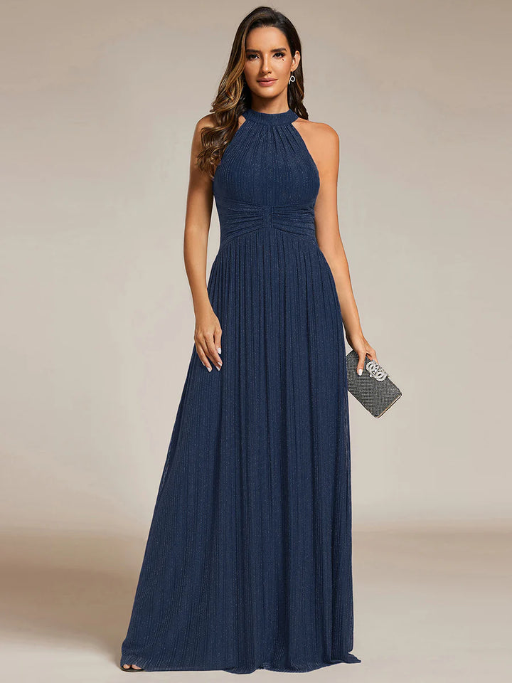 Glittery Halter Neck Pleated Formal Evening Dress