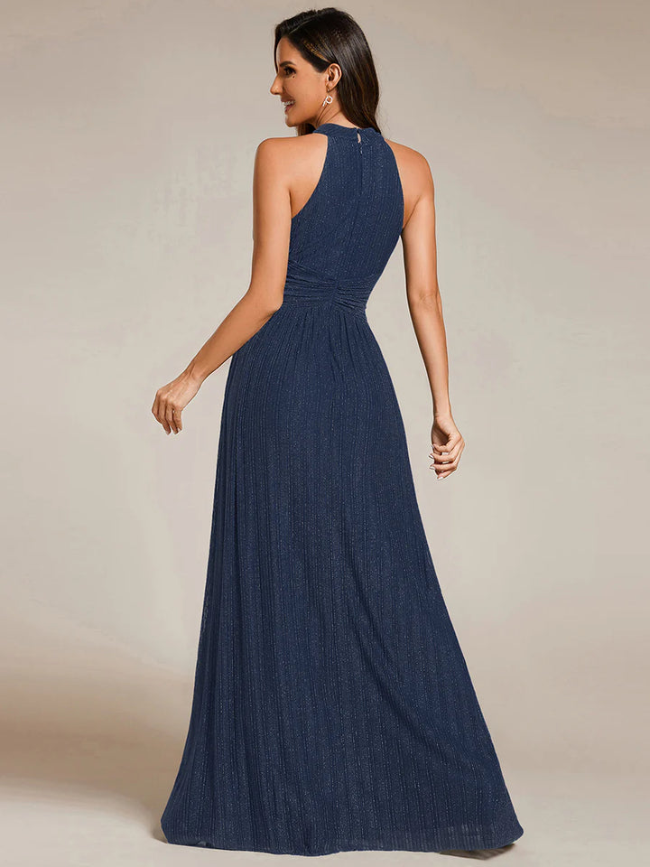 Glittery Halter Neck Pleated Formal Evening Dress