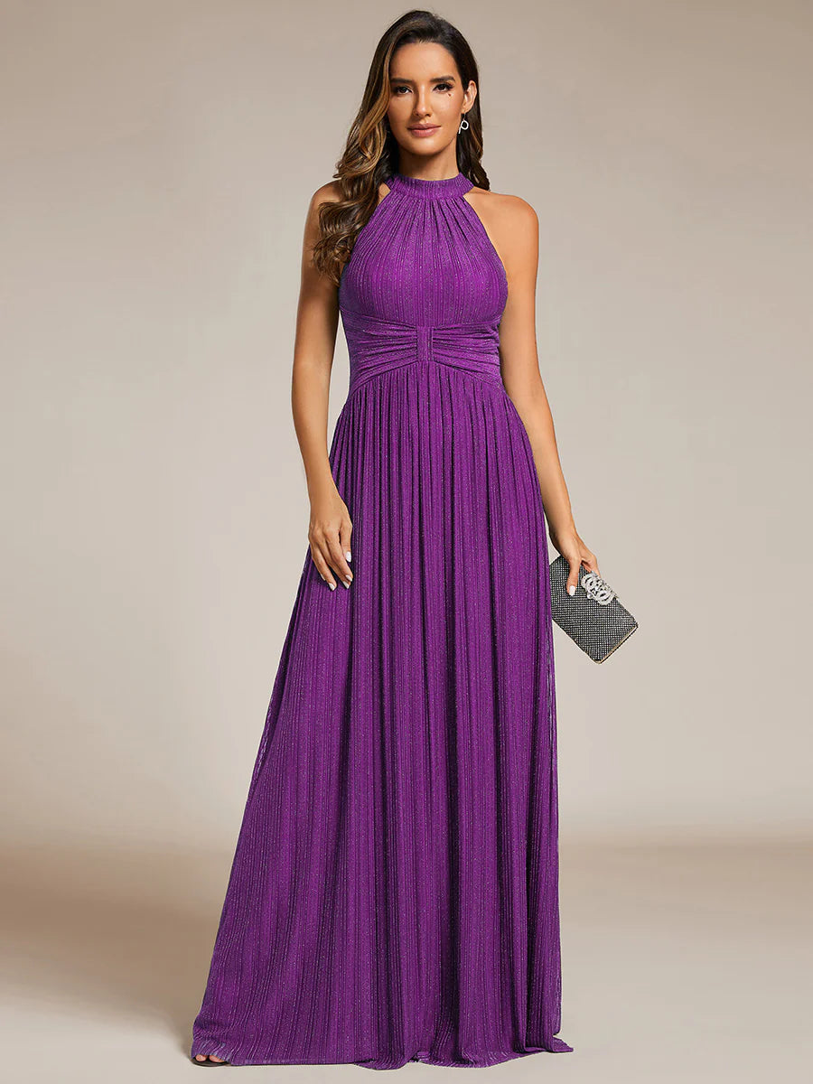 Glittery Halter Neck Pleated Formal Evening Dress