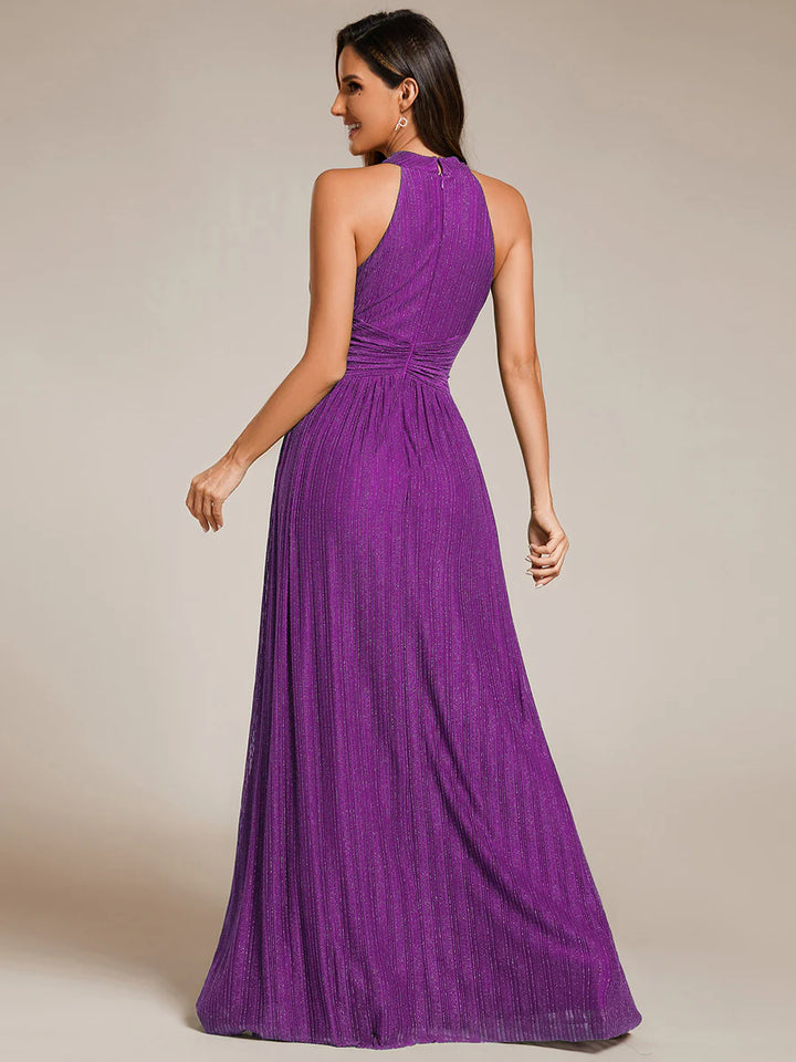 Glittery Halter Neck Pleated Formal Evening Dress