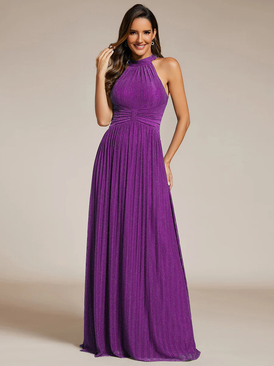 Glittery Halter Neck Pleated Formal Evening Dress