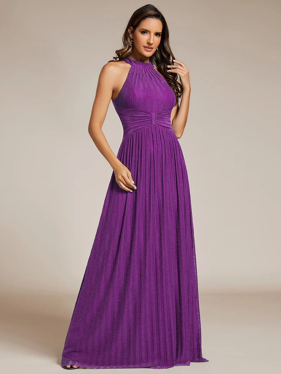 Glittery Halter Neck Pleated Formal Evening Dress