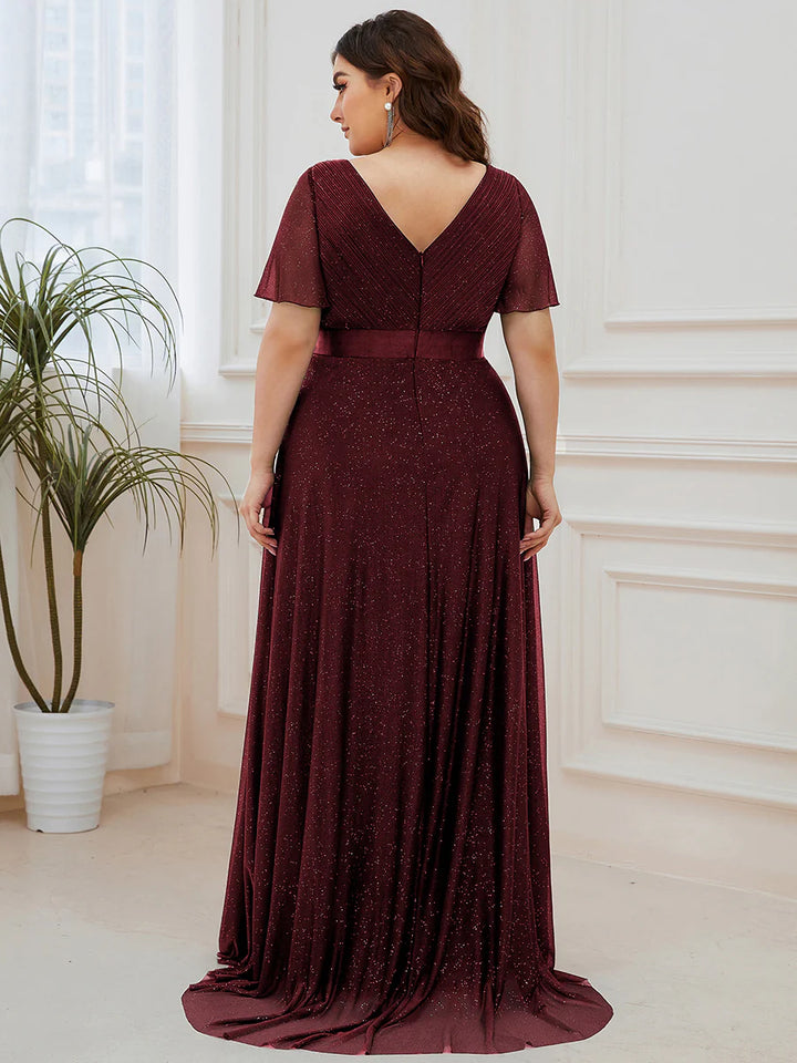 Plus Size Deep V Neck Ruffles Sleeve A Line Evening Dresses