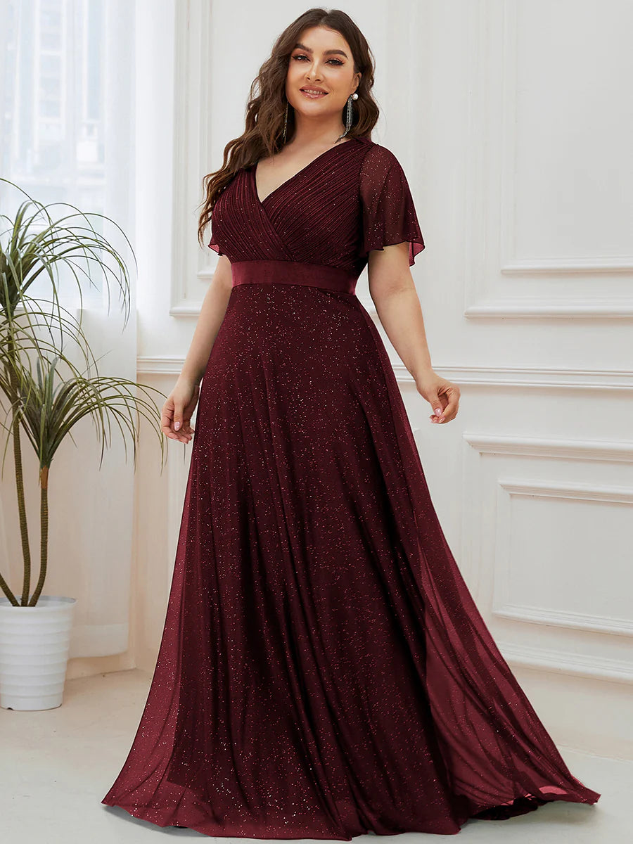 Plus Size Deep V Neck Ruffles Sleeve A Line Evening Dresses