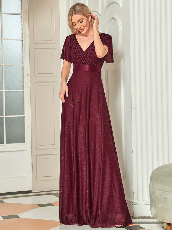 Deep V Neck Ruffles Sleeve A Line Evening Dresses