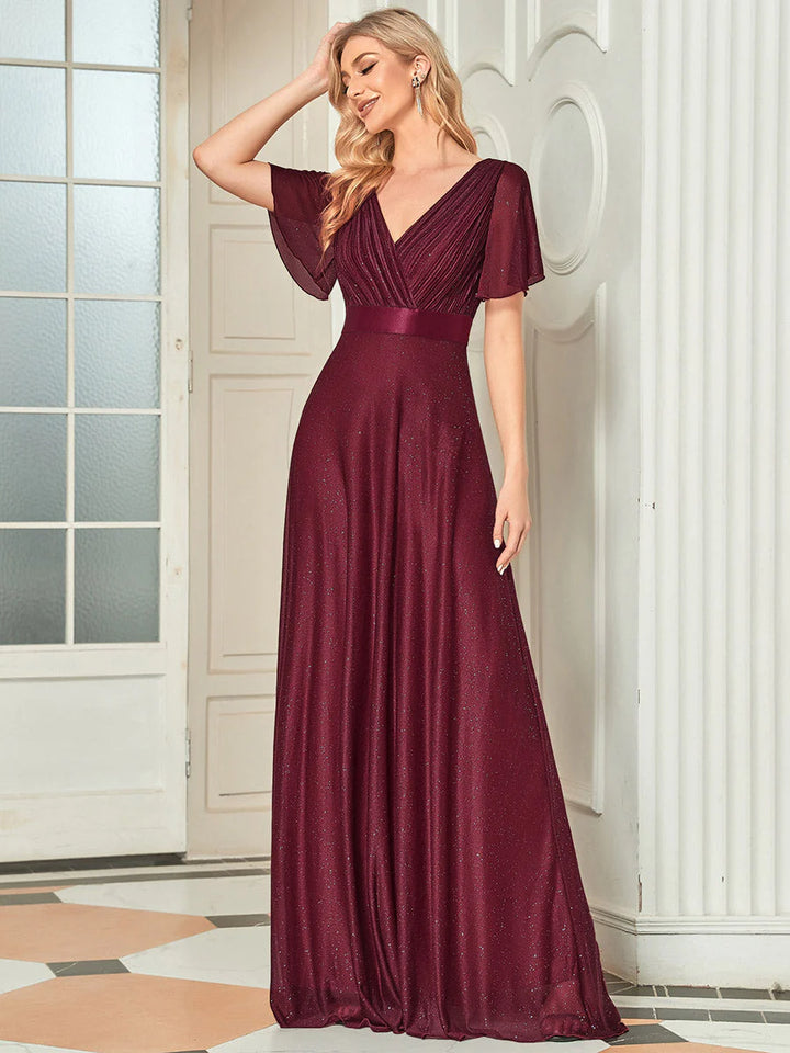 Deep V Neck Ruffles Sleeve A Line Evening Dresses