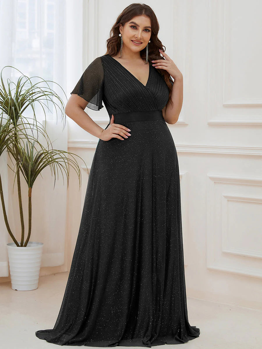 Plus Size Deep V Neck Ruffles Sleeve A Line Evening Dresses