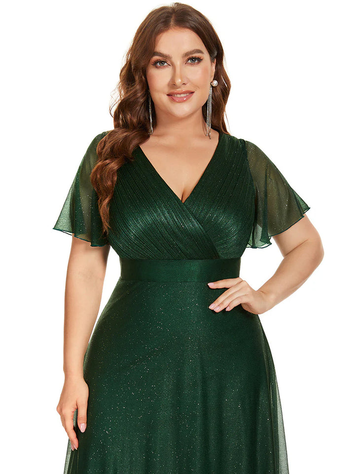 Plus Size Deep V Neck Ruffles Sleeve A Line Evening Dresses