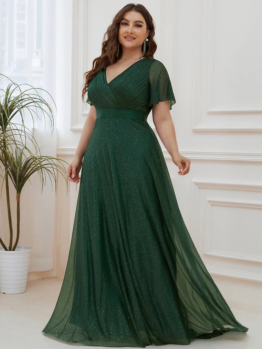 Plus Size Deep V Neck Ruffles Sleeve A Line Evening Dresses