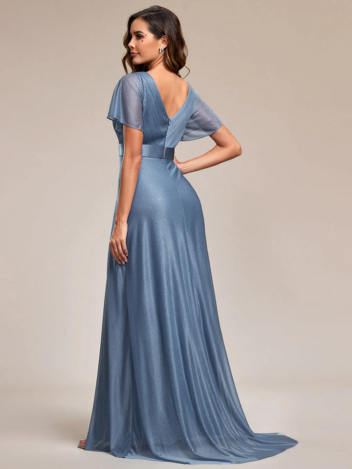 Deep V Neck Ruffles Sleeve A Line Evening Dresses