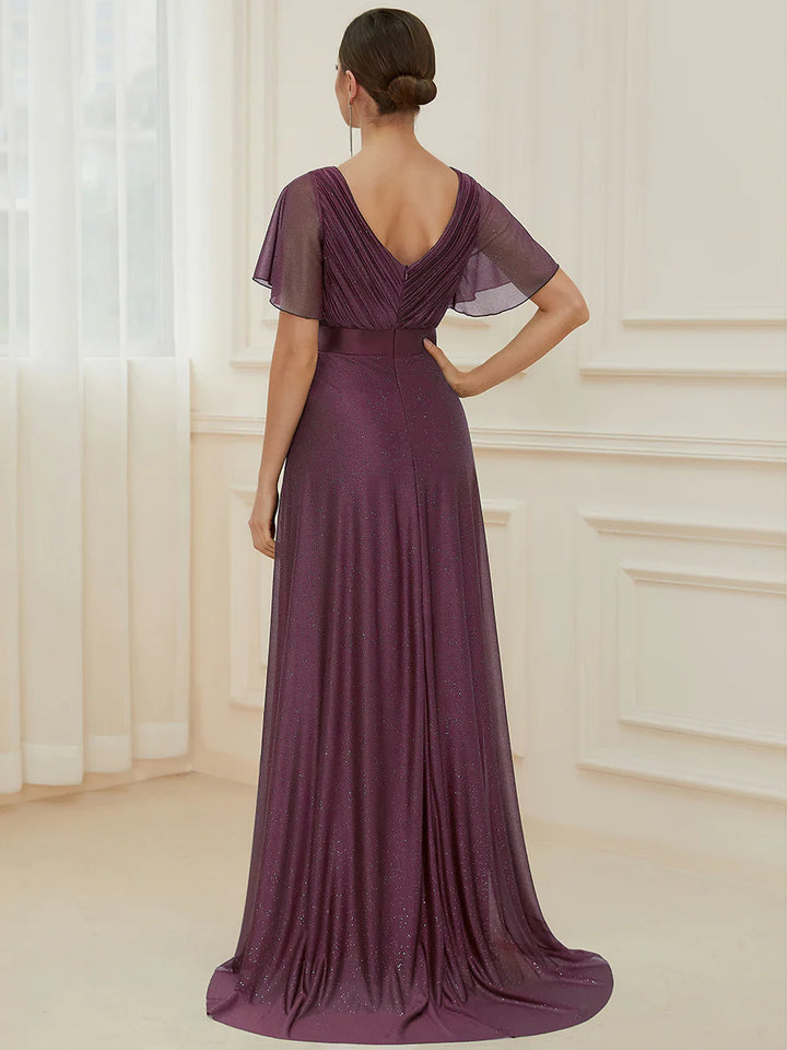 Deep V Neck Ruffles Sleeve A Line Evening Dresses