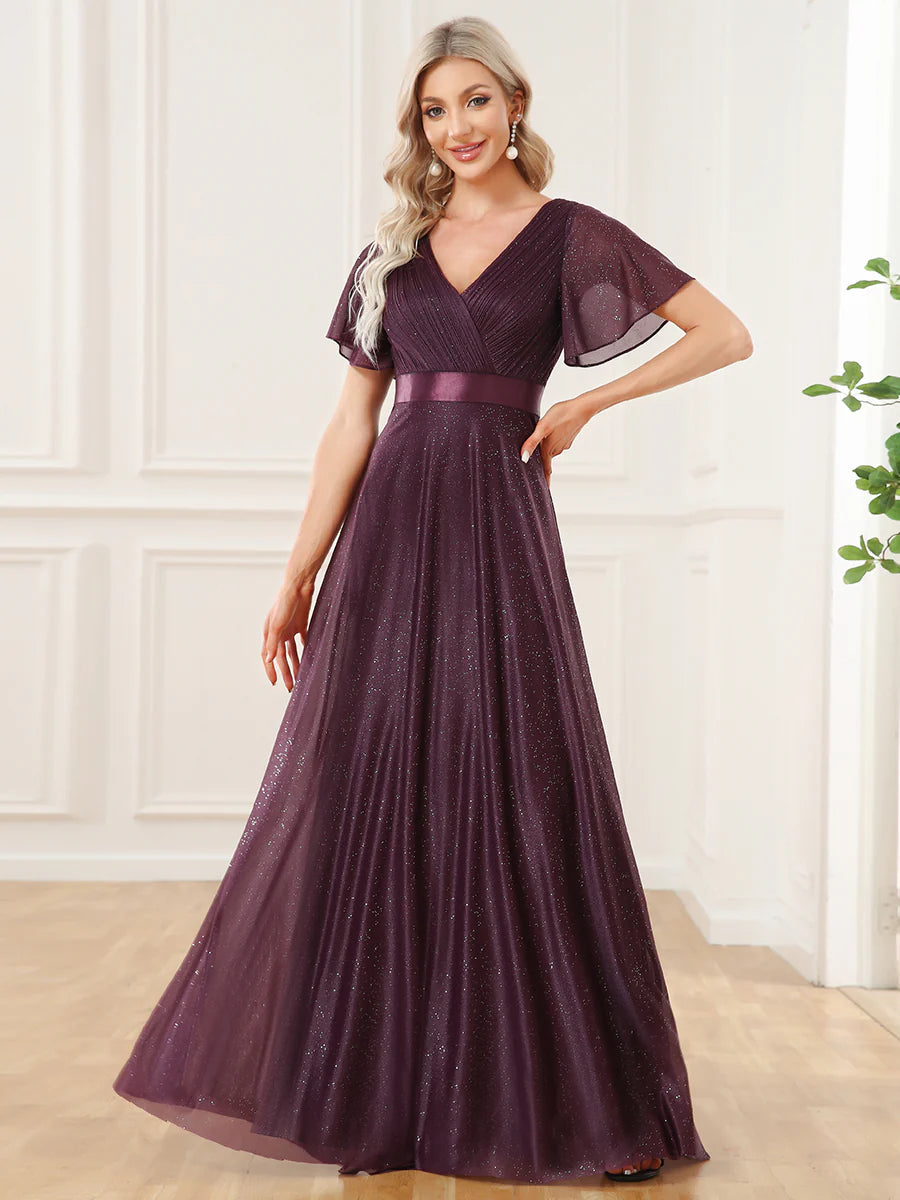 Deep V Neck Ruffles Sleeve A Line Evening Dresses