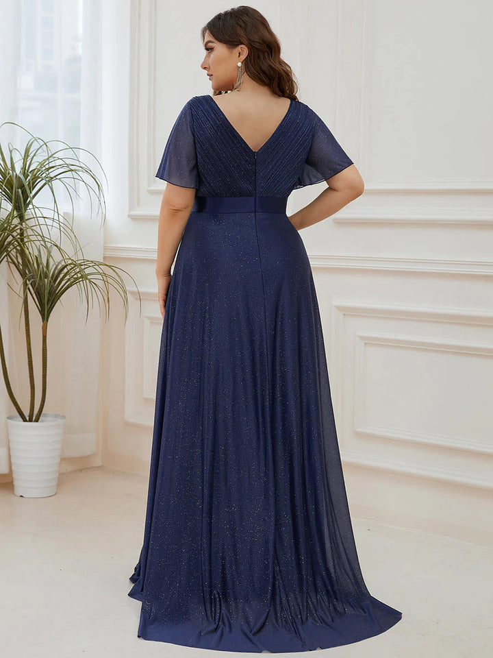 Plus Size Deep V Neck Ruffles Sleeve A Line Evening Dresses